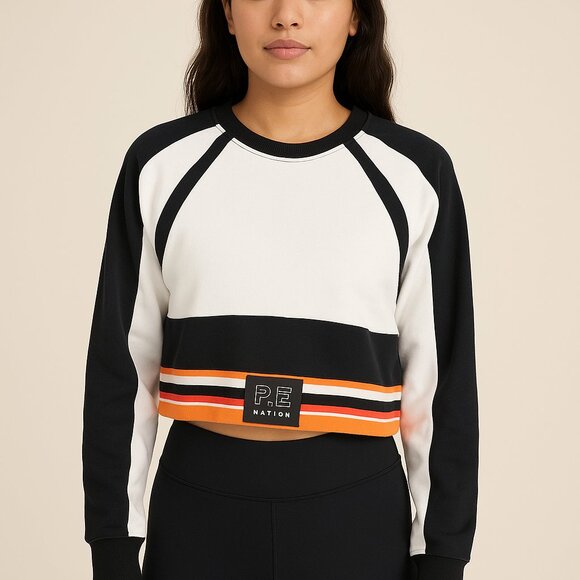 P.E Nation Color Block Crop Sweatshirt Black White Orange Logo Athletic Top Sz M - Picture 1 of 6